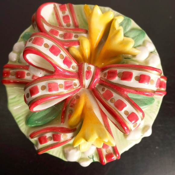 Fitz & Floyd Covered Trinket Bowl Dish Flowers Lilies Ribbon - Picture 4 of 6